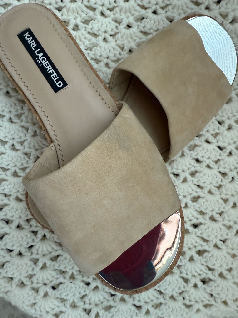 Karl Lagerfeld Beige Suede Slide Sandals with Rose Gold Toe Cap